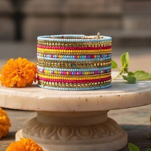 Indian Artisanal Beaded Boho Chic Cuff Bracelet | Pastel & Brass Statement 🌼